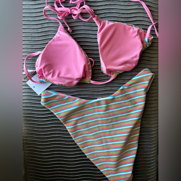 NWT Dippin Daisy’s watermelon palm stripe terry swim bikini set - Picture 7 of 8